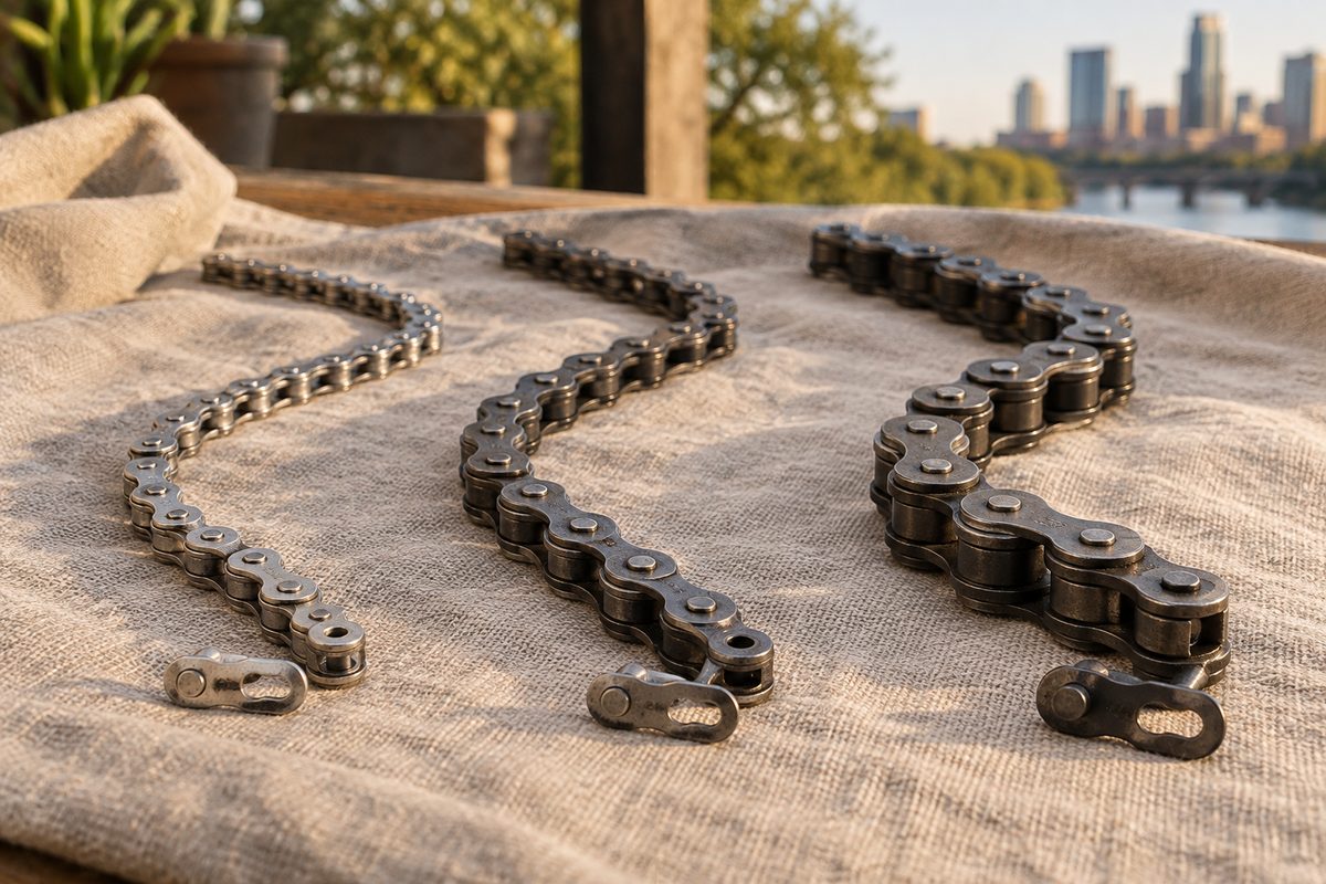 Three bicycle chains of different speed widths laid side by side