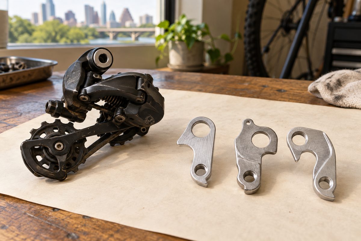 Rear derailleur beside three replacement derailleur hangers