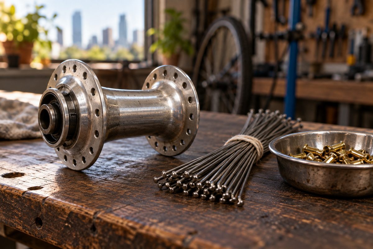 Bare bicycle hub with a bundle of spokes and brass nipples