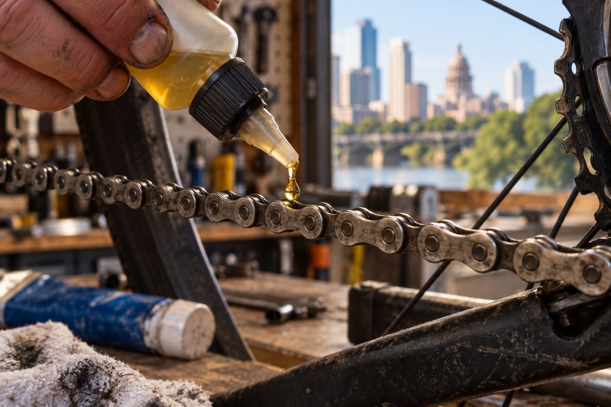 Chain lube being dripped onto a bicycle chain