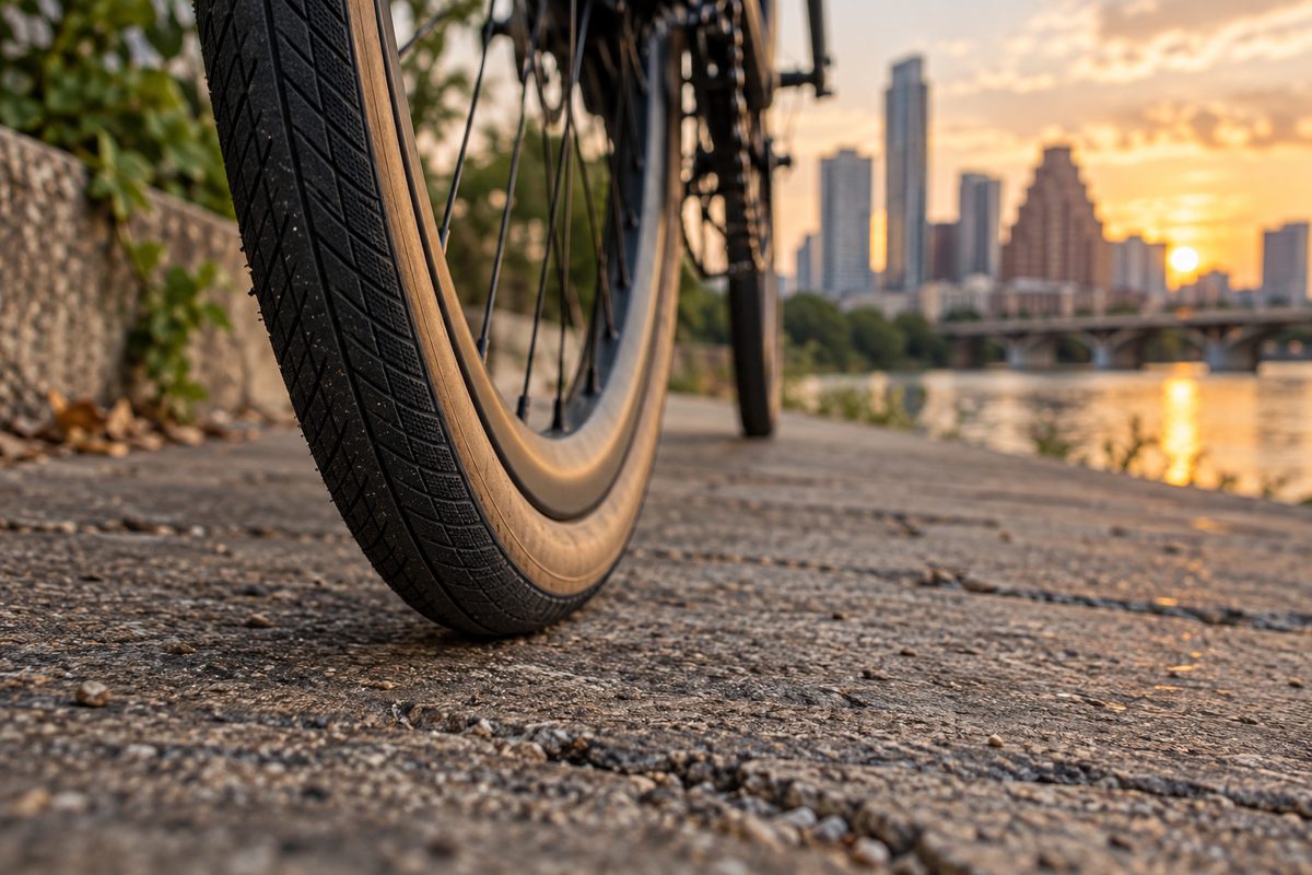 Road bike tyre with tan sidewalls close to a sidewalk