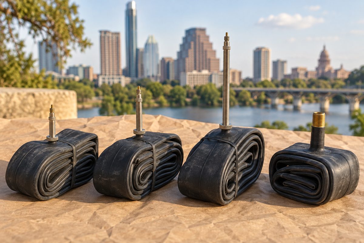 Folded inner tubes with Presta and Schrader valves of different lengths