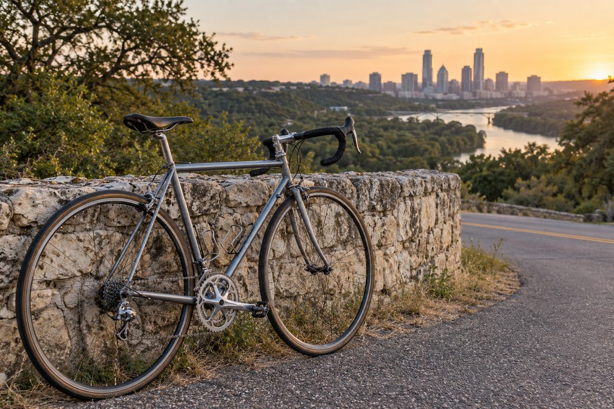 Steel road bike leaning on a limestone wall beside a country road