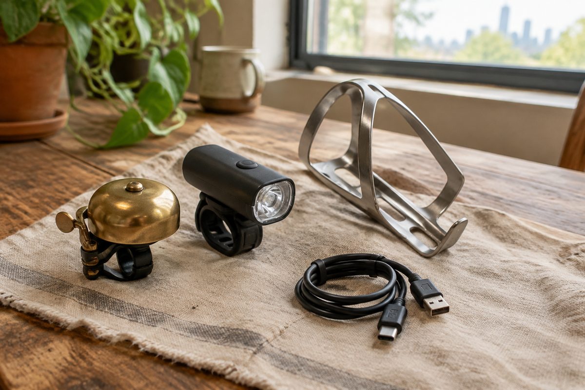 Brass bike bell, front light and bottle cage on a linen cloth