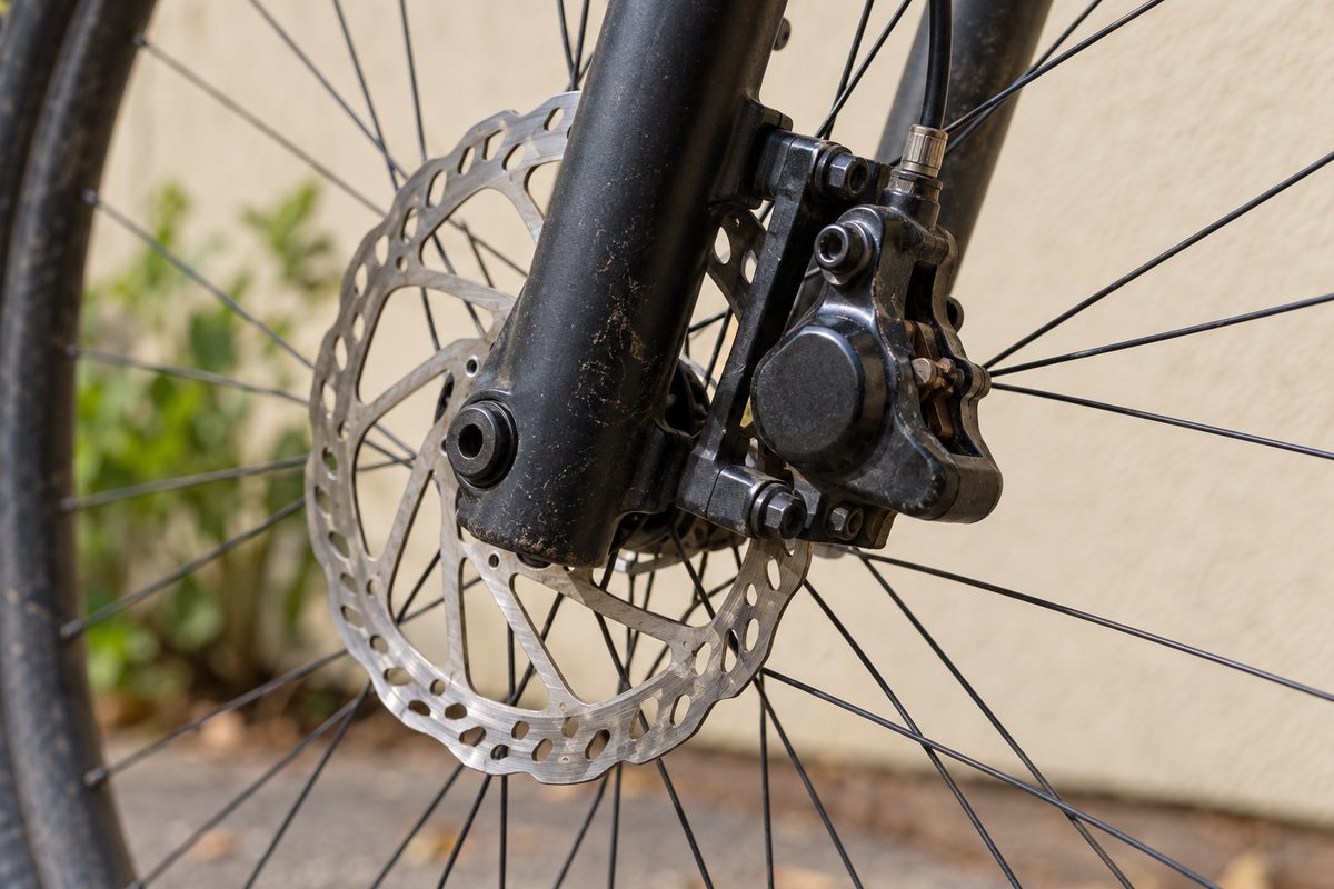 Hydraulic disc brake caliper and rotor on a bicycle fork